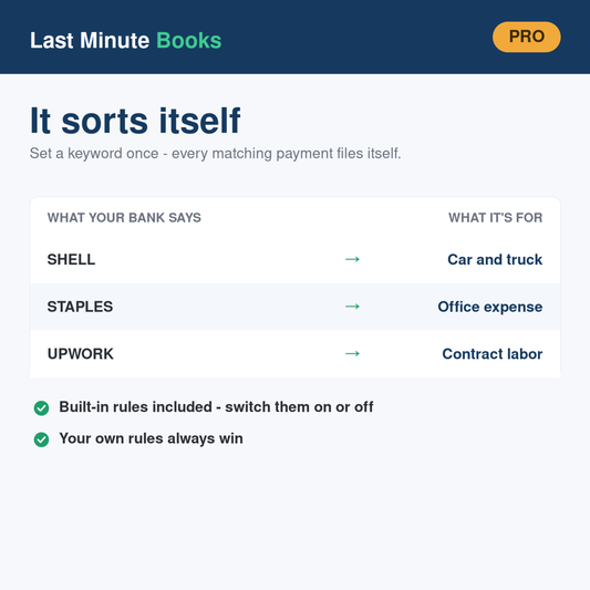 Self-Employed auto-categorization - bank descriptions sorted into tax categories automatically