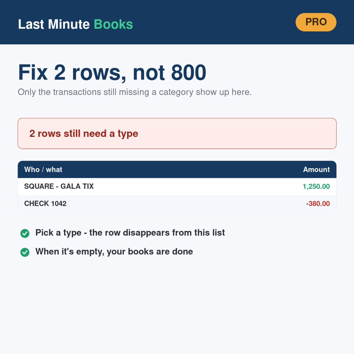 Nonprofit needs-attention view - lists only the transactions still missing a category