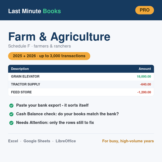 Farm and Agriculture Pro Bundle 2025 and 2026 bookkeeping spreadsheet - Schedule F, holds up to 3,000 transactions per file