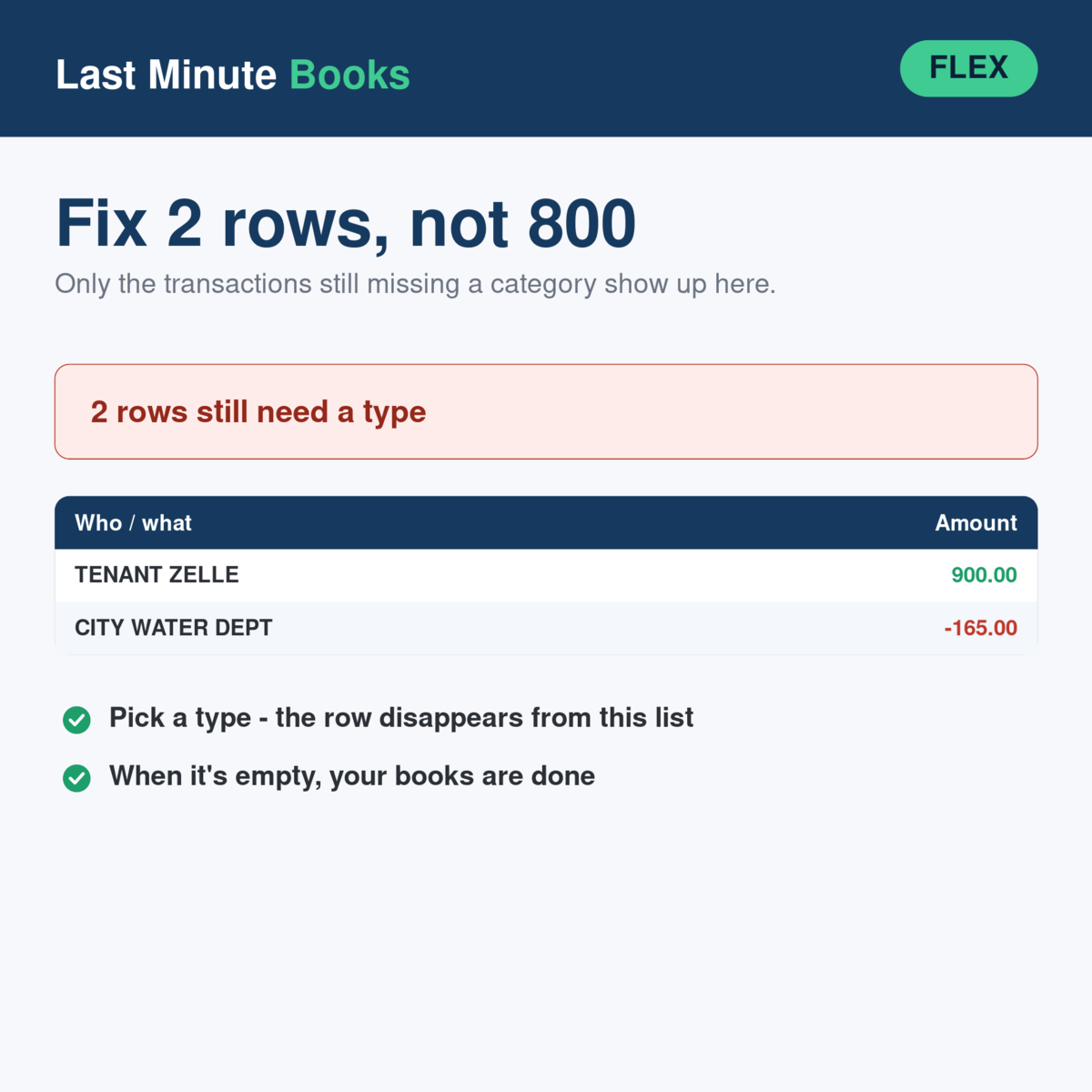 Rental and Landlord needs-attention view - lists only the transactions still missing a category
