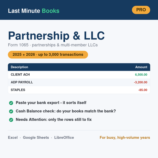 Partnership and LLC Pro Bundle 2025 and 2026 bookkeeping spreadsheet - Form 1065, holds up to 3,000 transactions per file