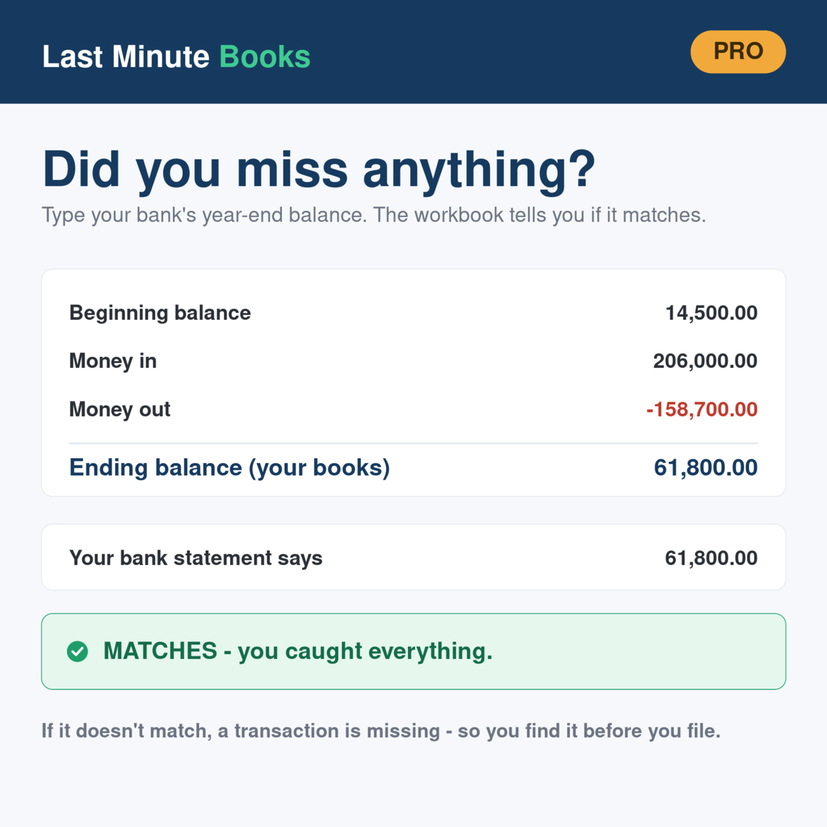 Farm and Agriculture cash balance and bank reconciliation check - confirms no transactions are missing