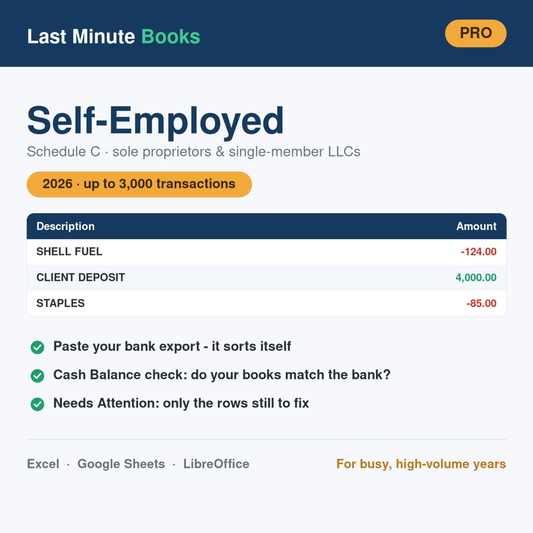Self-Employed 2026 Pro bookkeeping spreadsheet - Schedule C, sole proprietors and single-member LLCs, holds up to 3,000 transactions