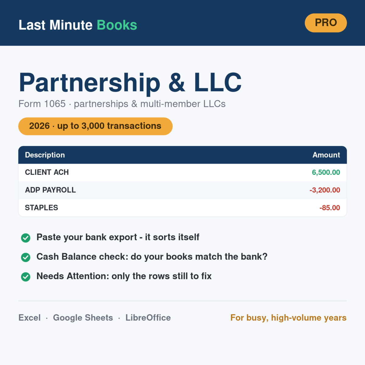 Partnership and LLC 2026 Pro bookkeeping spreadsheet - Form 1065, partnerships and multi-member LLCs, holds up to 3,000 transactions