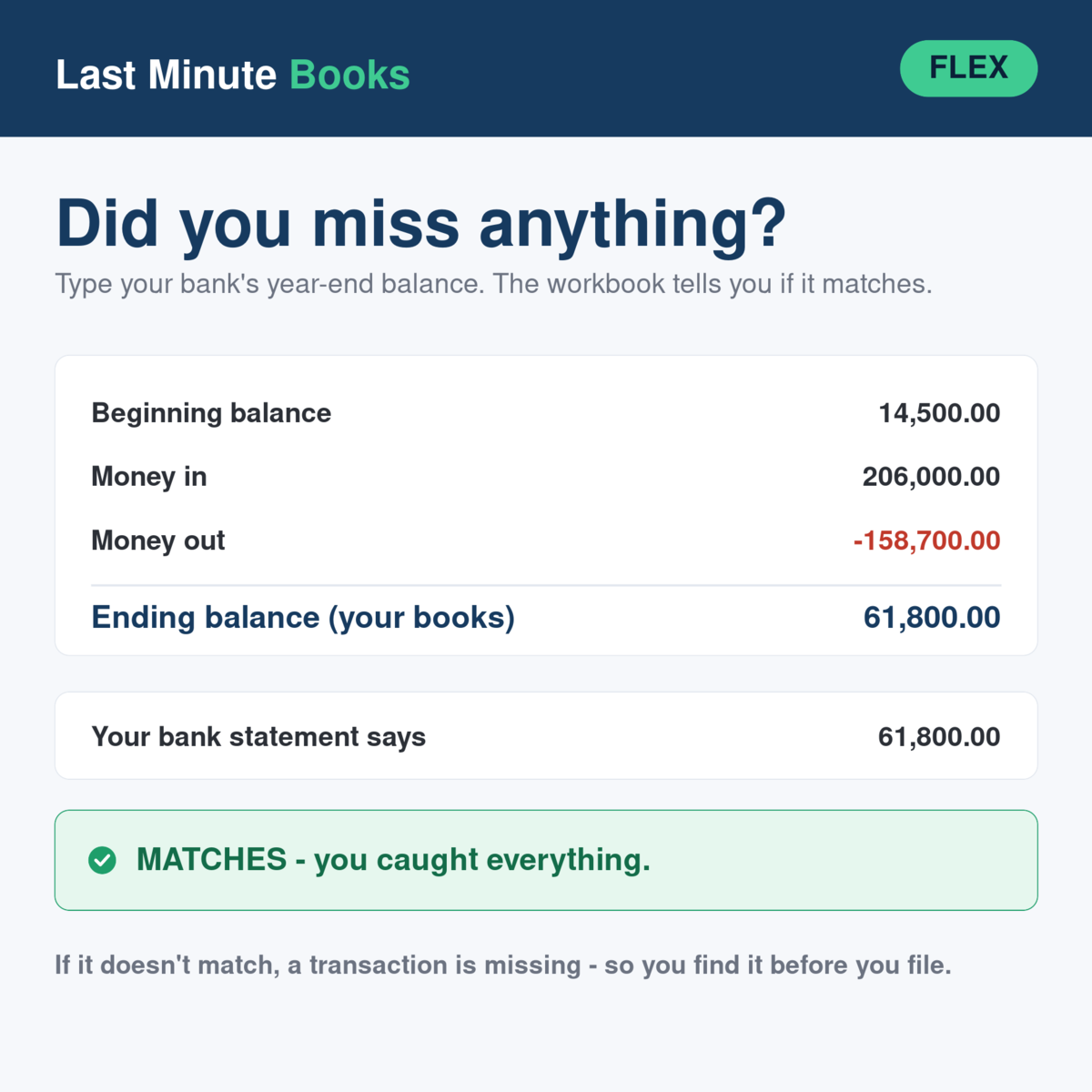 Farm and Agriculture cash balance and bank reconciliation check - confirms no transactions are missing