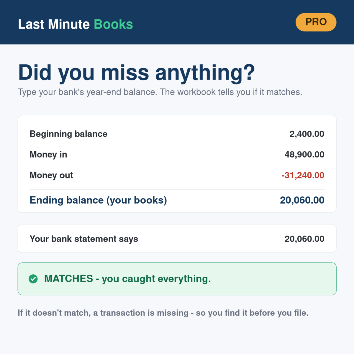 Self-Employed cash balance and bank reconciliation check - confirms no transactions are missing