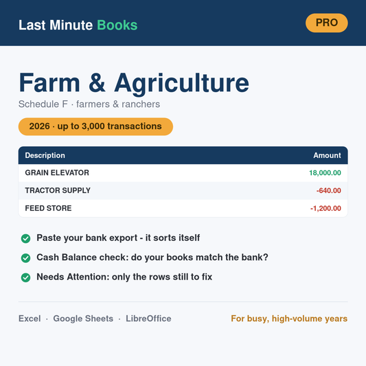 Farm and Agriculture 2026 Pro bookkeeping spreadsheet - Schedule F, farmers and ranchers, holds up to 3,000 transactions