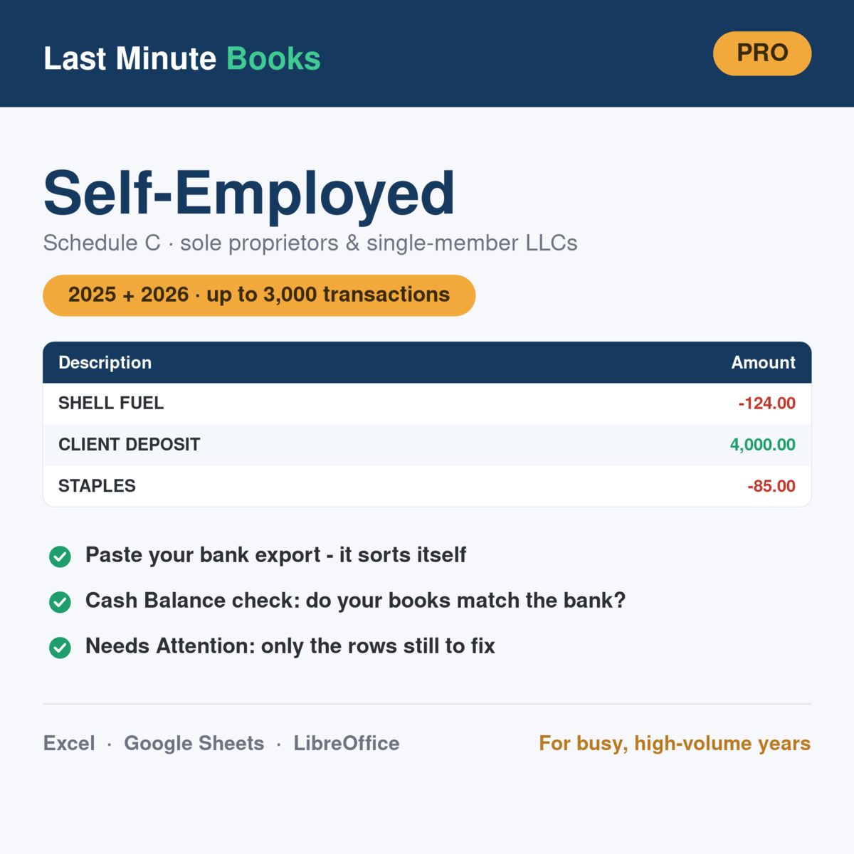 Self-Employed Pro Bundle 2025 and 2026 bookkeeping spreadsheet - Schedule C, holds up to 3,000 transactions per file