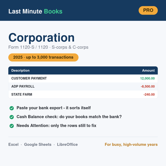 Corporation 2025 Pro bookkeeping spreadsheet - Form 1120-S and 1120, S-corps and C-corps, holds up to 3,000 transactions