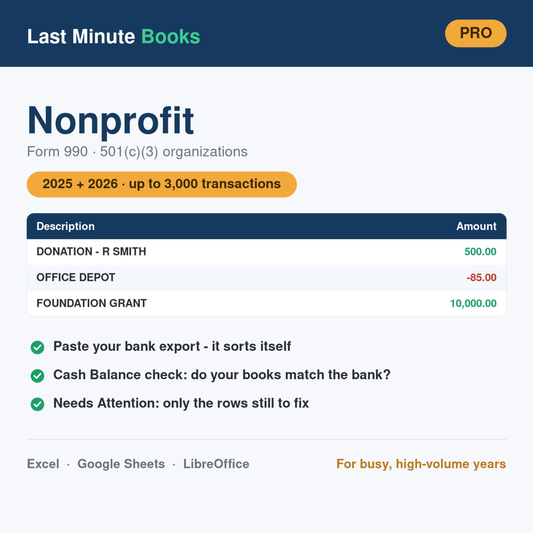 Nonprofit Pro Bundle 2025 and 2026 bookkeeping spreadsheet - Form 990, holds up to 3,000 transactions per file