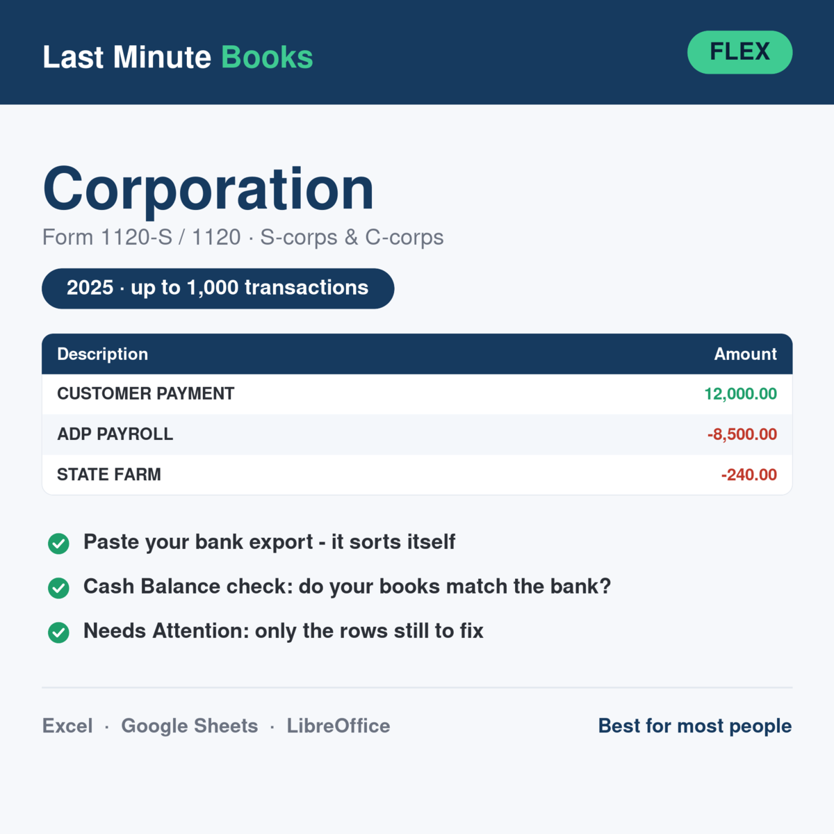 Corporation 2025 Flex bookkeeping spreadsheet - Form 1120-S and 1120, S-corps and C-corps, holds up to 1,000 transactions