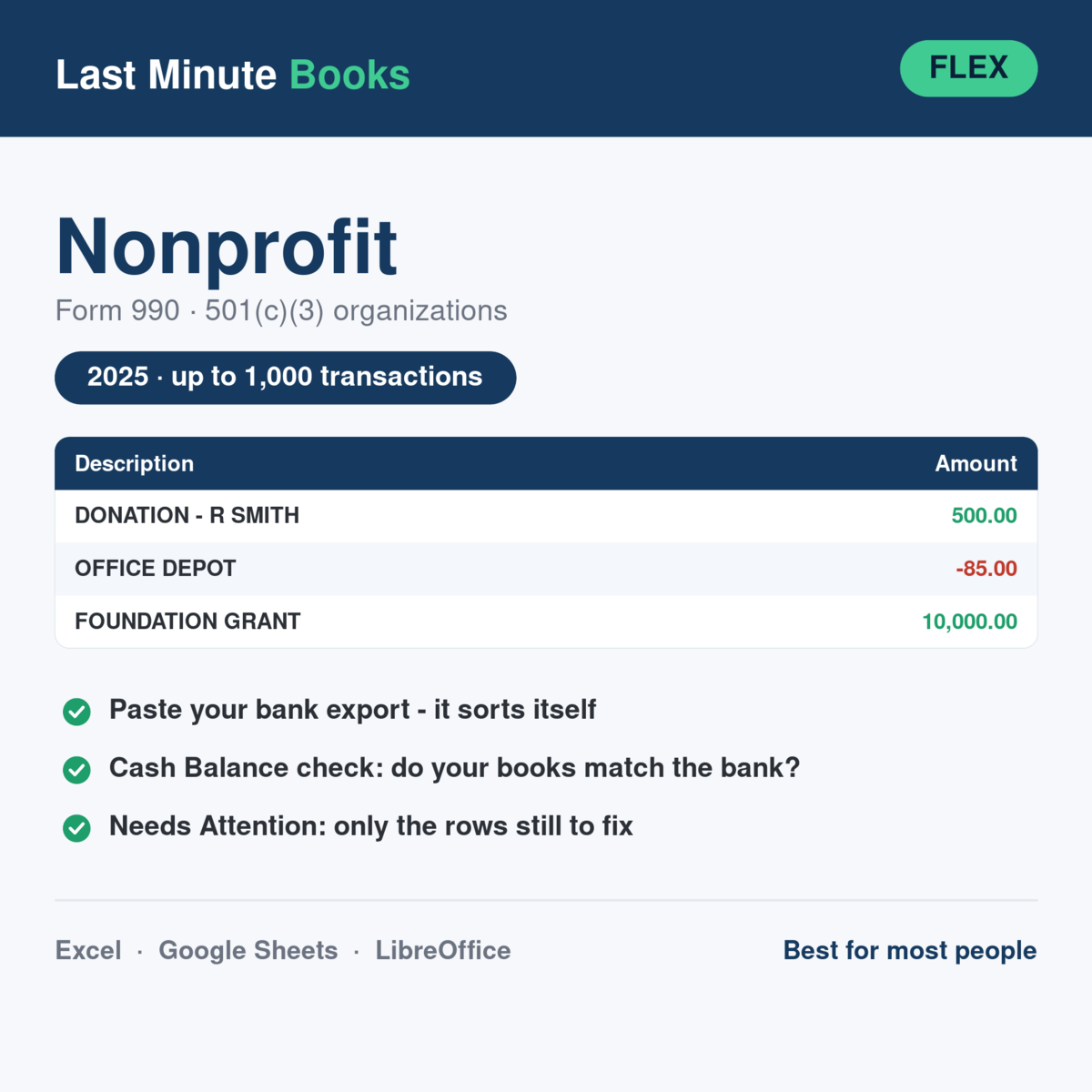 Nonprofit 2025 Flex bookkeeping spreadsheet - Form 990 for 501(c)(3) organizations, holds up to 1,000 transactions