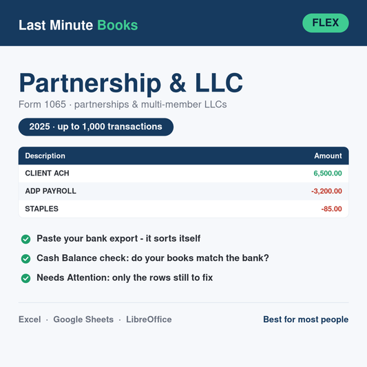 Partnership and LLC 2025 Flex bookkeeping spreadsheet - Form 1065, partnerships and multi-member LLCs, holds up to 1,000 transactions