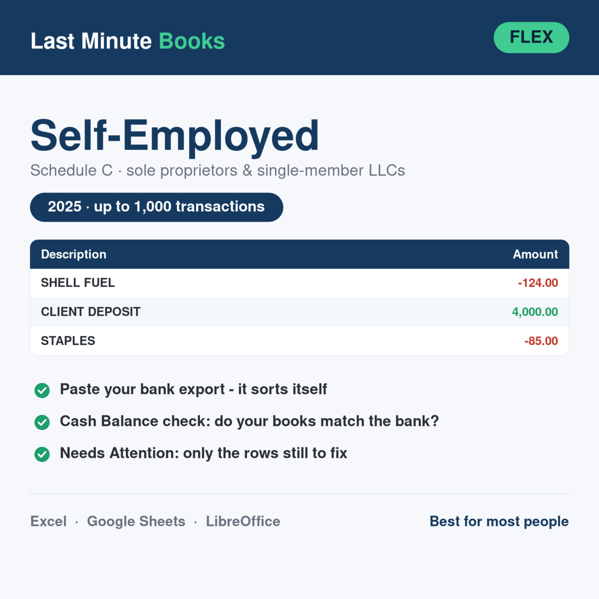 Self-Employed 2025 Flex bookkeeping spreadsheet - Schedule C, sole proprietors and single-member LLCs, holds up to 1,000 transactions