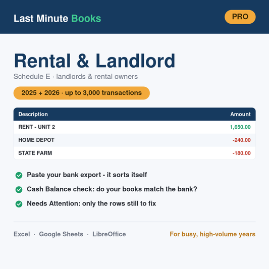Rental and Landlord Pro Bundle 2025 and 2026 bookkeeping spreadsheet - Schedule E, holds up to 3,000 transactions per file
