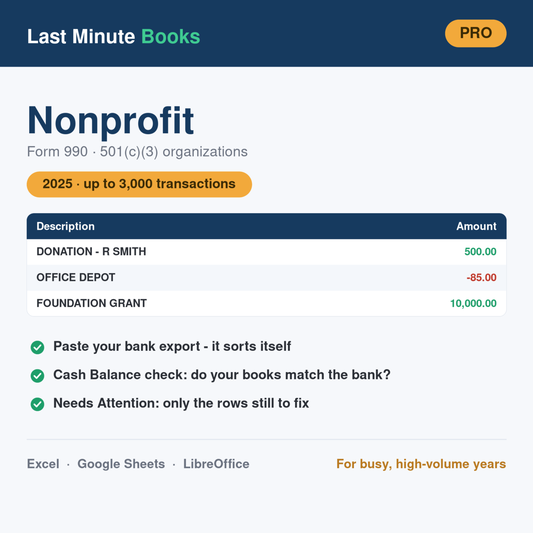 Nonprofit 2025 Pro bookkeeping spreadsheet - Form 990 for 501(c)(3) organizations, holds up to 3,000 transactions