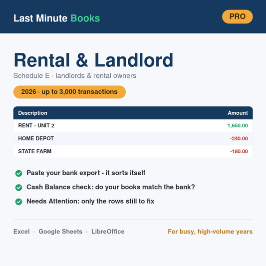 Rental and Landlord 2026 Pro bookkeeping spreadsheet - Schedule E, landlords and rental owners, holds up to 3,000 transactions