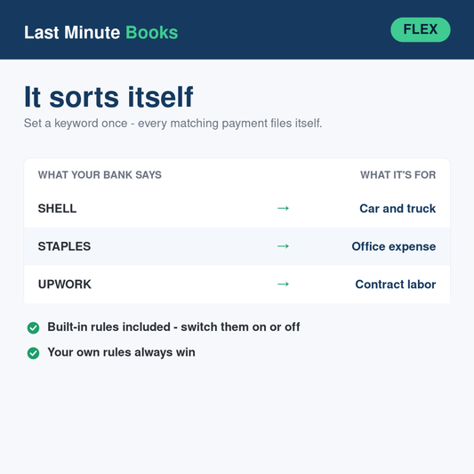 Self-Employed auto-categorization - bank descriptions sorted into tax categories automatically